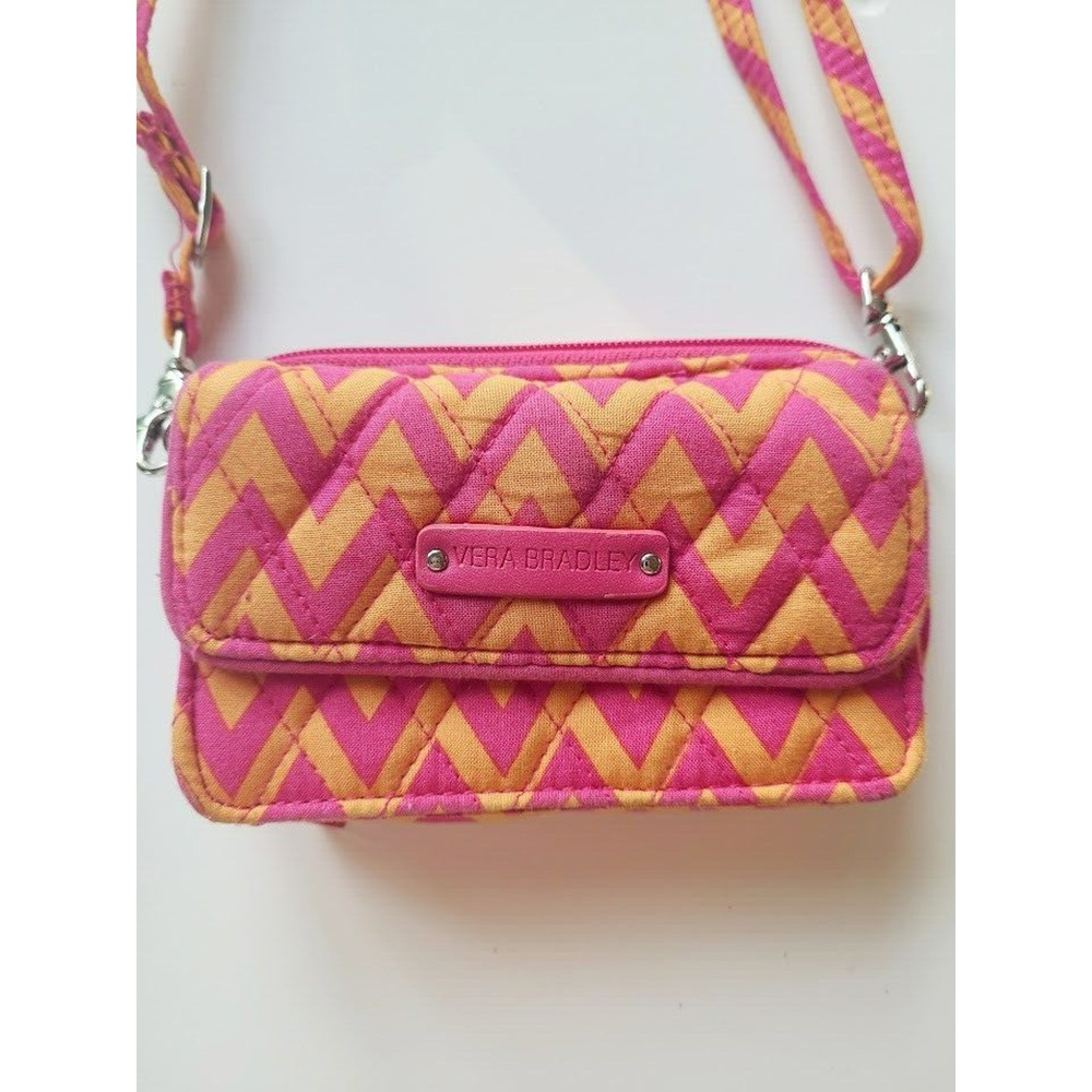 Vera Bradley All‎ In One Cell phone Crossbody Wallet Ziggy Zags Pink Orange - Picture 3 of 9